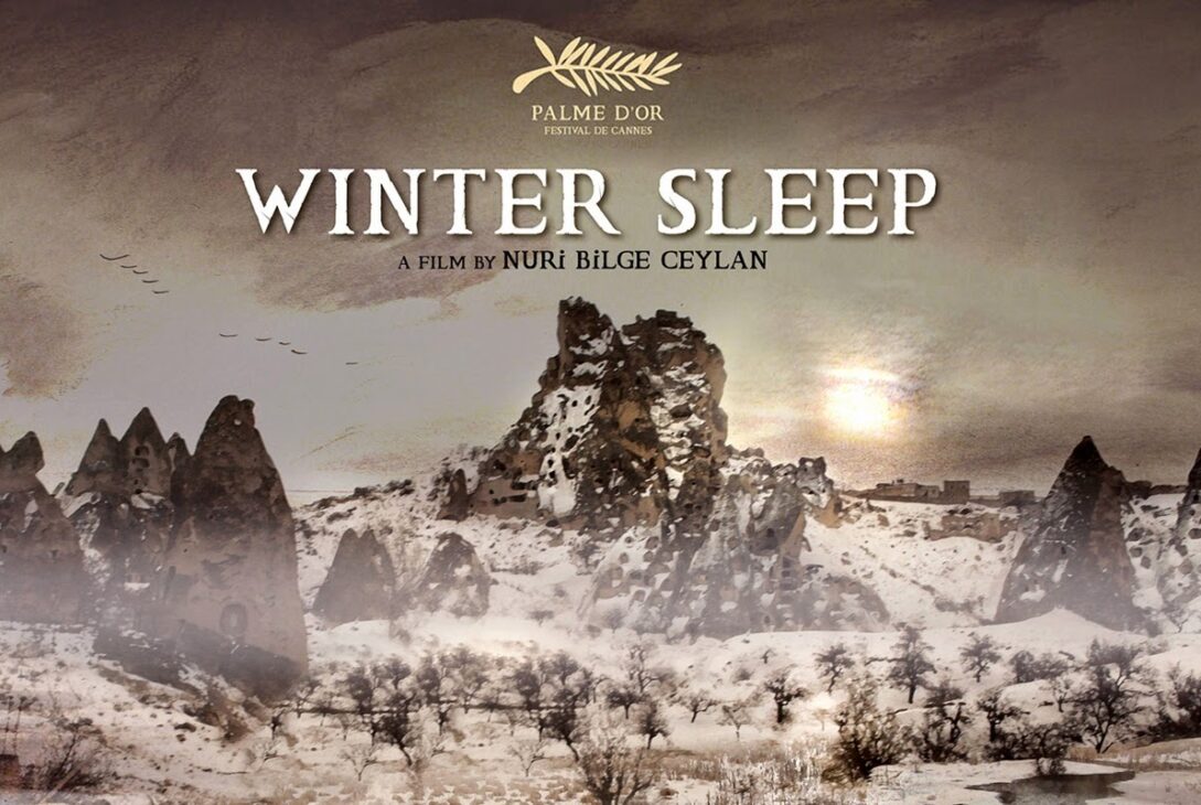 Winter Sleep movie poster featuring the Cappadocia landscape in winter, with a Palme d'Or award sign displaying "Winter Sleep" and "A film by Nuri Bilge Ceylan."