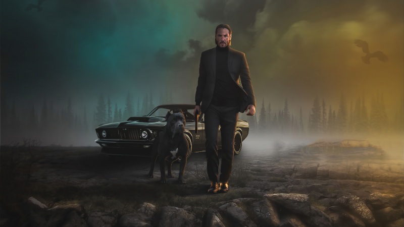 John Wick, a man with short black hair, wearing a black suit and walking with his dog towards the camera, in a digital art image.