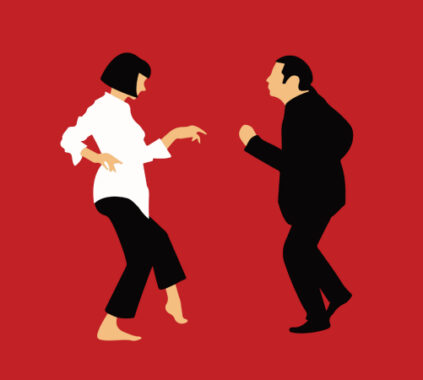 A minimalist cover design of Pulp Fiction featuring Vincent Vega (John Travolta) and Mia Wallace (Uma Thurman) dancing, against a red background.