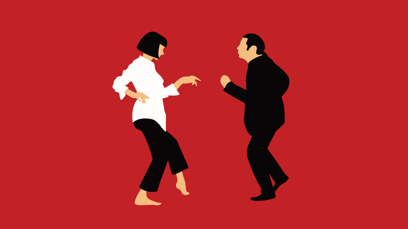 A minimalist cover design of Pulp Fiction featuring Vincent Vega (John Travolta) and Mia Wallace (Uma Thurman) dancing, against a red background.