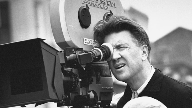 David Lynch, the enigmatic filmmaker, peers through the camera's viewfinder with one eye closed, mouth slightly open, absorbed in the moment.