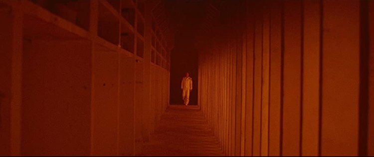 A captivating red-framed shot from the movie "Ad Astra," featuring a figure emerging from the distance.