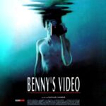 Poster of "Benny's Video" movie featuring Benny looking through the viewfinder of his handheld camera.