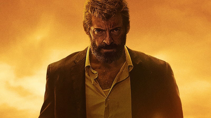 Hugh Jackman as Logan, portrayed in an intense and fiery setting, exuding a menacing presence.