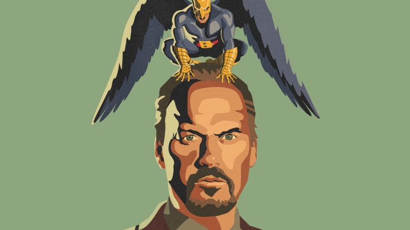 Wallpaper image featuring Michael Keaton as Riggan in the movie Birdman, wearing the Birdman costume on his head.