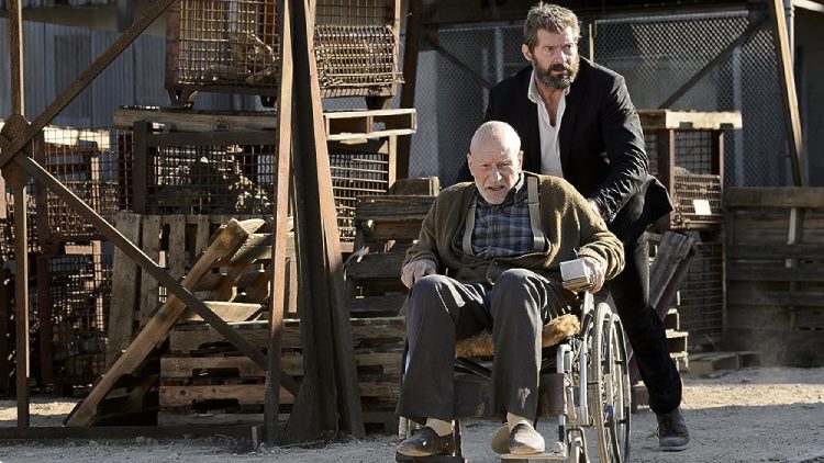 Hugh Jackman as Logan compassionately pushes Charles' (Patrick Stewart) wheelchair.