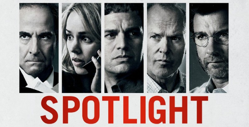 A movie poster showcasing the cast of the 'Spotlight' film, standing together with determined expressions.