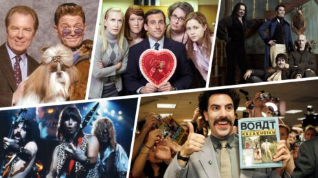 A dynamic collage featuring images from various mockumentary projects, including scenes from "This Is Spinal Tap," "The Office," and "Borat" etc. showcasing the diverse humor and satire of this unique genre.