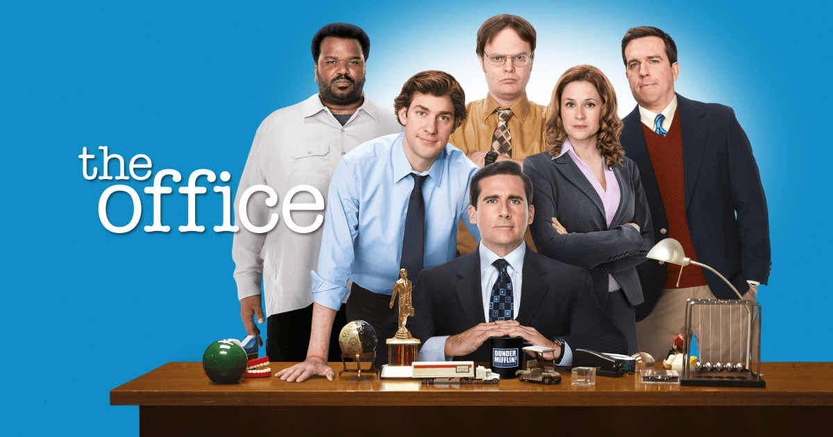A colorful poster showcasing the ensemble cast of "The Office," including characters such as Michael Scott, Jim Halpert, Pam Beesly, Dwight Schrute, and others, arranged in a playful and iconic group shot.