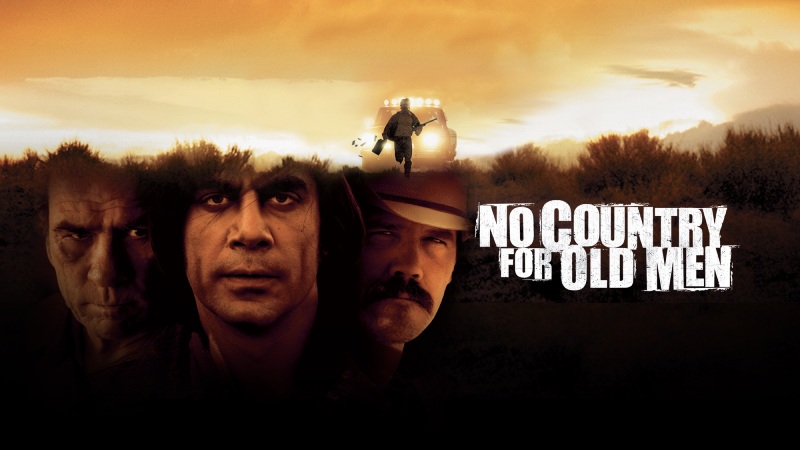 Artistic movie poster for 'No Country for Old Men,' featuring striking visuals and key cast members.