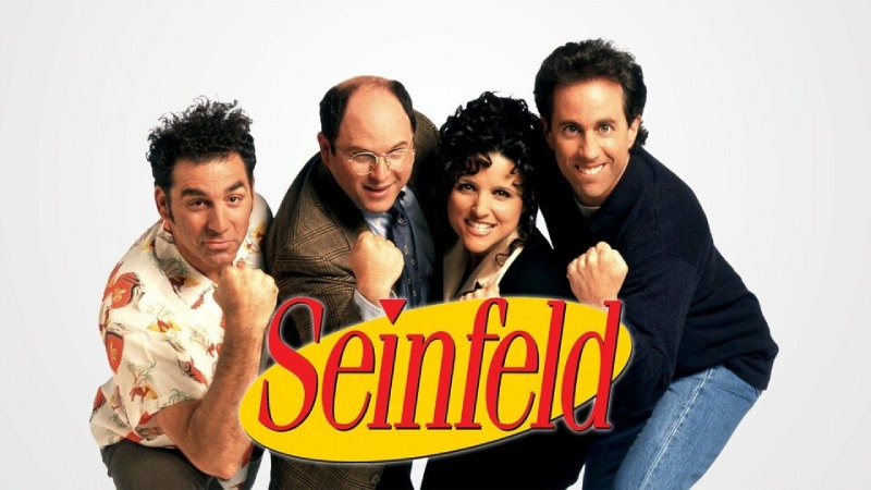 Promotional cover photo featuring the main cast of 'Seinfeld'—Jerry Seinfeld, Elaine Benes, George Costanza, and Cosmo Kramer.