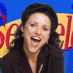 Julia Louis-Dreyfus as Elaine Benes shares an amused laugh in front of the iconic Seinfeld logo.
