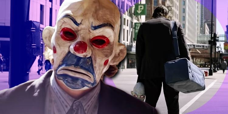 The opening sequence of "The Dark Knight" depicts a man in formal attire walking down the street, concealed by a clown mask.