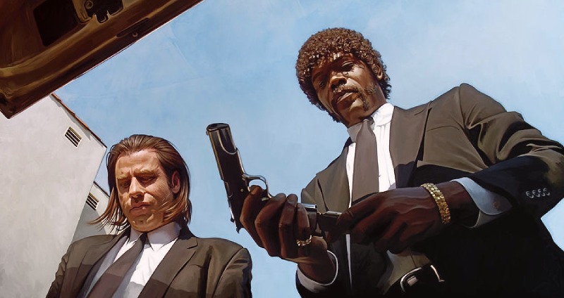 Low-angle view of the characters Vincent Vega (played by John Travolta) and Jules Winnfield (played by Samuel L. Jackson) from the movie "Pulp Fiction" as they inspect the car's trunk.