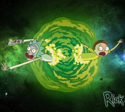An eye-catching wallpaper depicting Rick and Morty, the popular animated characters, being teleported to a parallel universe.
