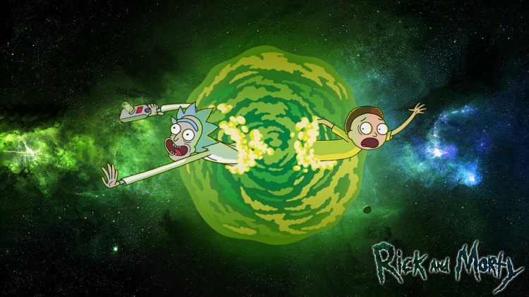 An eye-catching wallpaper depicting Rick and Morty, the popular animated characters, being teleported to a parallel universe.