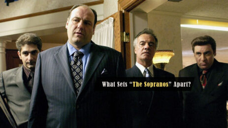 An image featuring the cast of "The Sopranos" with the text "What Sets 'The Sopranos' Apart?" overlaid on the image.