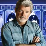 10 Signature Elements of George Lucas Filmmaking Style! George Lucas in a posed position with his hands clasped, surrounded by stills from the movies he directed.