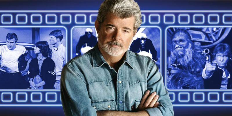 George Lucas in a posed position with his hands clasped, surrounded by stills from the movies he directed.