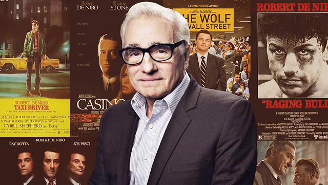 Martin Scorsese standing proudly in front of posters from the films he directed, creating a cinematic universe.