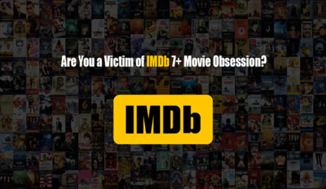 Dark background filled with hundreds of movie posters, prominently featuring the IMDb logo with the text 'Are You a Victim of IMDb 7+ Movie Obsession?
