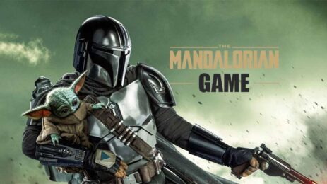 Image featuring The Mandalorian and Grogu from the TV series, with the text 'The Mandalorian Game,' alluding to the reference of a new game.