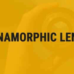 Anamorphic Lens | Film Terms Dictionary Bold "Anamorphic Lens" text centered over a faint background image of a camera lens, with "Film Terms Dictionary" label in the bottom right corner.